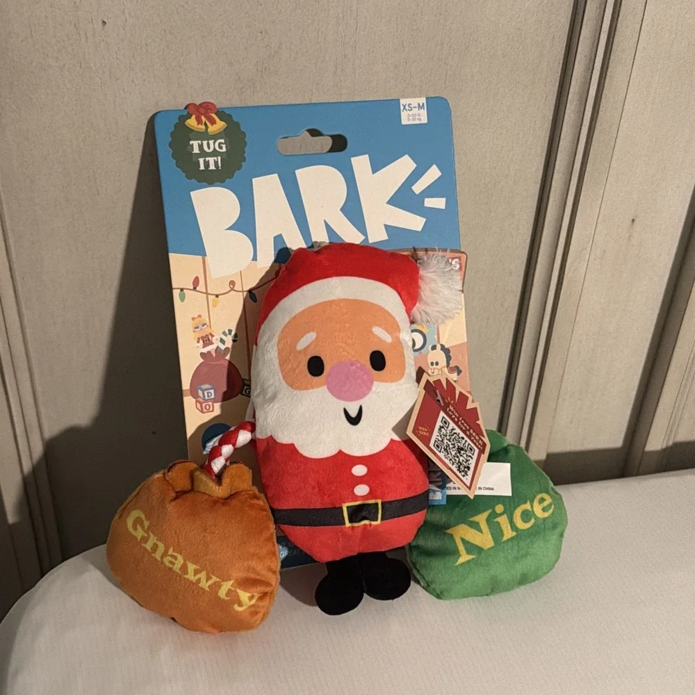 New Bark Box Santa Workchomp Nice Rope Tug Squeaker Dog Toy XS-M Crinkle
